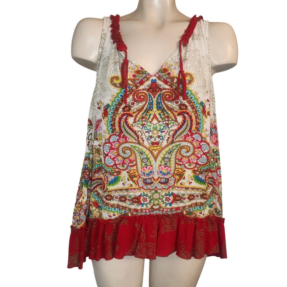 Bila Womens Large Paisley Floral Ruffle Hem Sleeveless Tank Top Red Multicolor